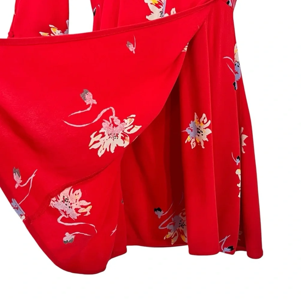 Free People Time On My Side Boho Faux Wrap Mini Dress S Red Floral Flare Sleeve